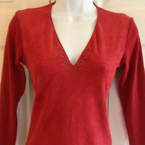 Velvet Brand Red V Neck Top with Faux Suede Bodice S